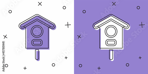 Set Bird house icon isolated on white and purple background. Nesting box birdhouse, homemade building for birds. Vector
