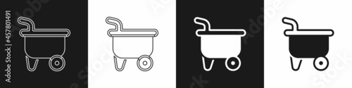 Set Wheelbarrow icon isolated on black and white background. Tool equipment. Agriculture cart wheel farm. Vector