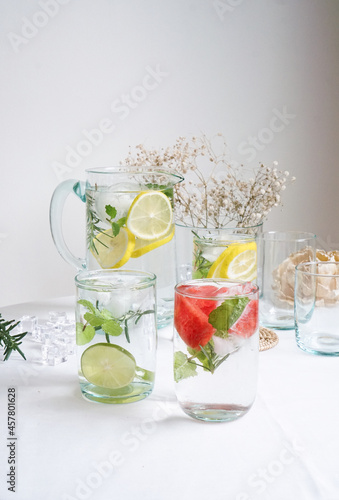 Detox and be healthy with infused water from organic fruit and berry. Copy space photo for concept of healthy, food dietary, eating and drinking for mindful.