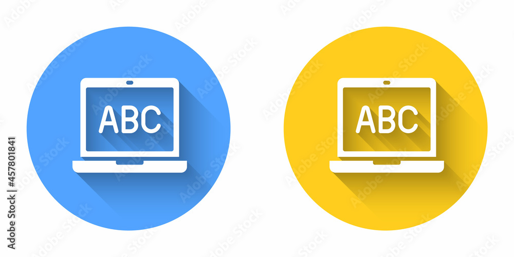 White Laptop icon isolated with long shadow background. Computer notebook with empty screen sign. Circle button. Vector White Laptop icon isolated with long shadow background. Computer notebook with empty screen sign. Circle button. Vector