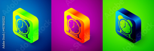 Isometric Alarm clock icon isolated on blue, purple and green background. Wake up, get up concept. Time sign. Square button. Vector