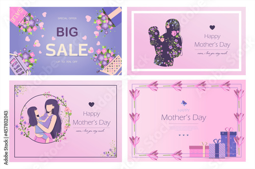 Card for the international mother s day Vector illustration for March 8 with flowers and greetings. Banner with the number 8 and text. A woman holds a little girl in her arms, mother and daughter