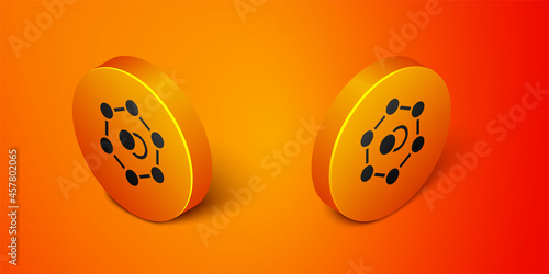 Isometric Molecule icon isolated on orange background. Structure of molecules in chemistry, science teachers innovative educational poster. Orange circle button. Vector
