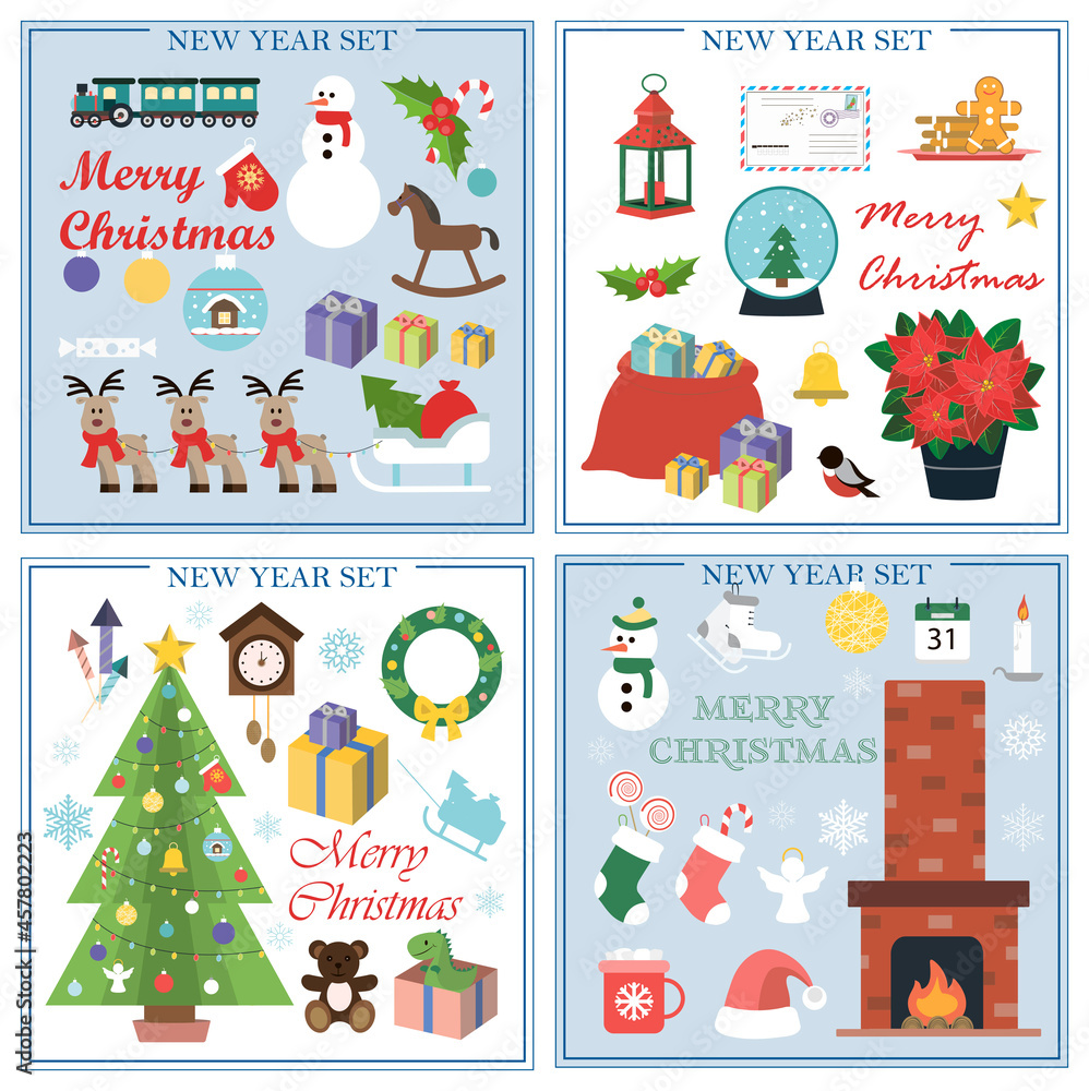 Fototapeta premium A set of flat illustrations for new year and Christmas. Vector set of isolated images with a fireplace, Christmas socks, snowman, gifts, snowflakes, skates, toys, a Cup of cocoa. Bright objects for a