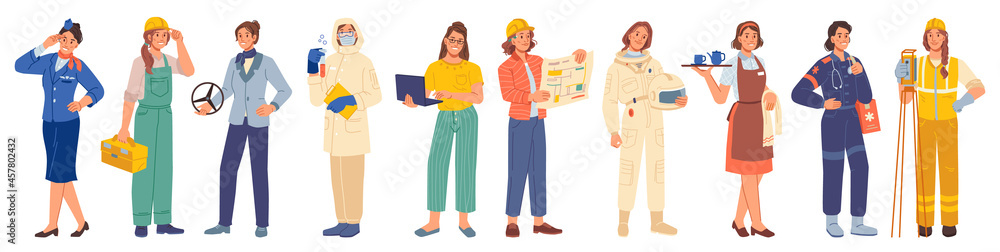 Woman occupations and professions isolated people set. Vector road worker, astronaut and programmer. Driver and ambulance doctor. Pilot, engineer, repairman and waiter, laboratory assistant scientist Woman occupations and professions isolated people set. Vector road worker, astronaut and programmer. Driver and ambulance doctor. Pilot, engineer, repairman and waiter, laboratory assistant scientist