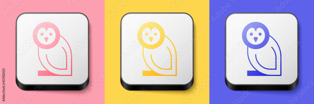Isometric Owl bird icon isolated on pink, yellow and blue background. Animal symbol. Square button. Vector Isometric Owl bird icon isolated on pink, yellow and blue background. Animal symbol. Square button. Vector