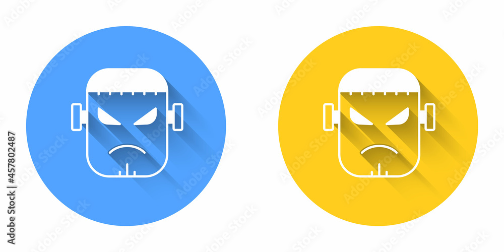 White Scary monster - Frankenstein face icon isolated with long shadow background. Happy Halloween party. Circle button. Vector White Scary monster - Frankenstein face icon isolated with long shadow background. Happy Halloween party. Circle button. Vector