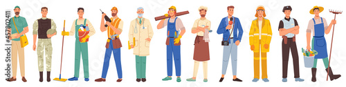 Workers professions isolated flat cartoon people set. Vector policeman, firefighter, builder and cook, doctor and farmer, journalist and military, postman, cleaner. Different occupations, man workers