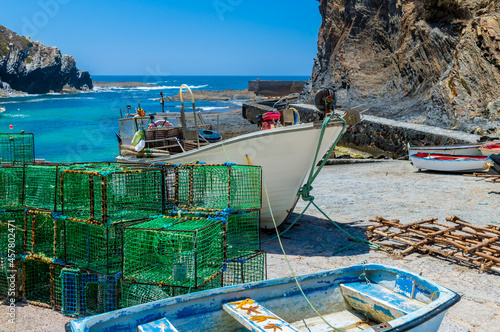 Crab Traps in small harbor Porto das Barcas Alentejo Portugal. 