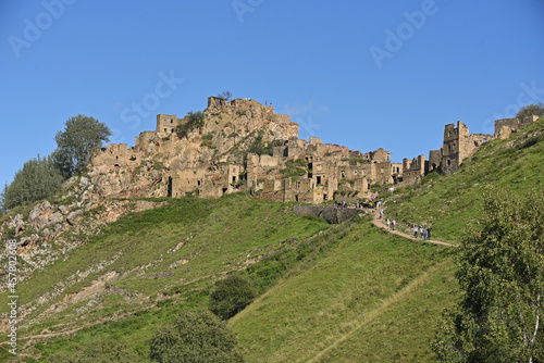 The ruins of the abandoned village of Gamsutl  located high in the mountains. Republic of Dagestan  Russia