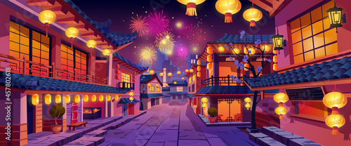 CNY holiday celebration, chinese New Year panorama at night. Vector houses with lights, lanterns and garlands, fireworks on background. Street festively decorated, chinatown city buildings