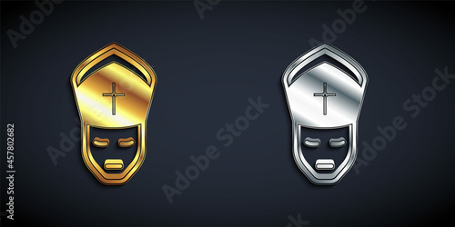 Gold and silver Pope icon isolated on black background. Pope hat. Holy father. Long shadow style. Vector