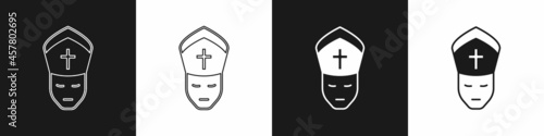 Set Pope icon isolated on black and white background. Pope hat. Holy father. Vector