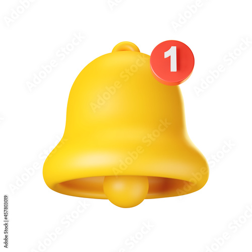 3d notification bell icon isolated on white background. 3d render yellow ringing bell with new notification for social media reminder. Realistic vector icon