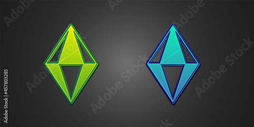 Green and blue Gem stone icon isolated on black background. Jewelry symbol. Diamond. Vector