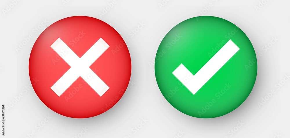 Green check mark, red cross mark icon set in 3d style. Vector yes and no check marks button. Green check mark, red cross mark icon set in 3d style. Vector yes and no check marks button.