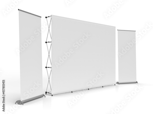 Exhibition Wall Banner Cloth Display with a pullup banner on either side. 3D Rendered Illustration Side Perspective View for mockups and illustrations