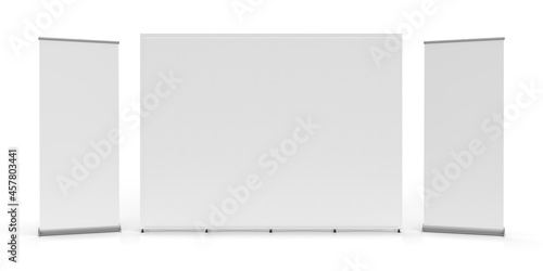 Exhibition Wall Banner Cloth Straight Display Stand isolated on a white background and 3d rendered for mockup and illustrations photo