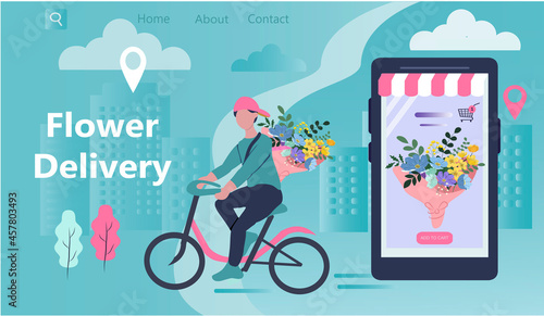 vector illustration on the theme of online flower shop, delivery of bouquets. banner for site. the courier rides a bicycle with a bouquet. trend illustration in flat style 