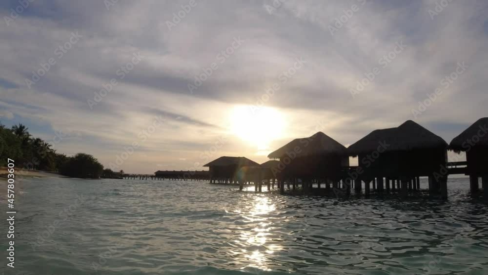 Sunset Time-Lapse Shooting at the Maldives Island. Overwater bunglow. Fast Time. Sunset Time-Lapse Shooting at the Maldives Island. Overwater bunglow. Fast Time.