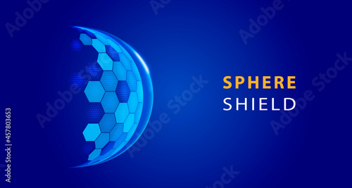 Modern tech futuristic of bubble dome shield sphere with hexagon halftone pattern grid elements on dark blue background.