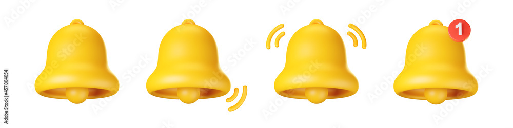 Fototapeta premium 3d notification bell icon set isolated on white background. 3d render yellow ringing bell with new notification for social media reminder. Realistic vector icon