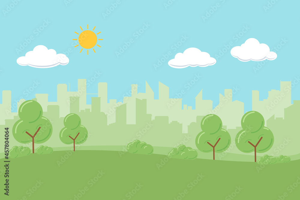 Random city skyline Vector on light background. During the Day, with trees on foreground. Green building, sustainable architecture.