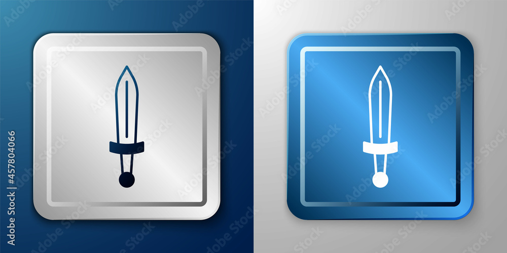 White Medieval sword icon isolated on blue and grey background. Medieval weapon. Silver and blue square button. Vector White Medieval sword icon isolated on blue and grey background. Medieval weapon. Silver and blue square button. Vector