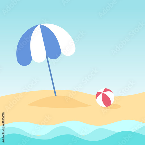View of Beach, summer background. with umbrella and beach ball on sand