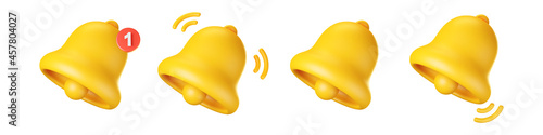 3d notification bell icon set isolated on white background. 3d render yellow ringing bell with new notification for social media reminder. Realistic vector icon