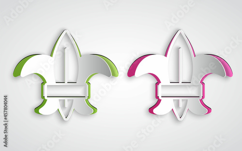 Paper cut Fleur de lys or lily flower icon isolated on grey background. Paper art style. Vector