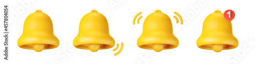 3d notification bell icon set isolated on white background. 3d render yellow ringing bell with new notification for social media reminder. Realistic vector icon photo