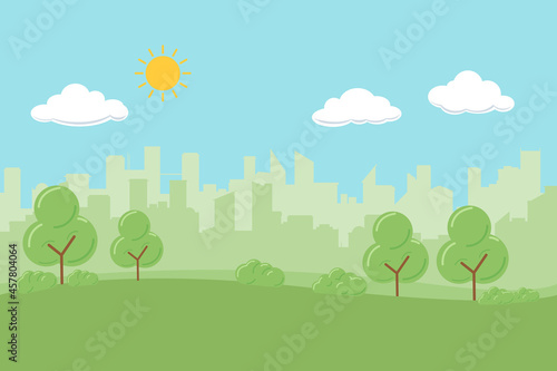 Random city skyline Vector on light background. During the Day  with trees on foreground. Green building  sustainable architecture.