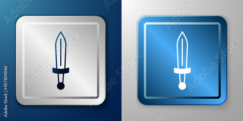 White Medieval sword icon isolated on blue and grey background. Medieval weapon. Silver and blue square button. Vector