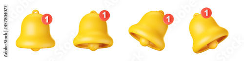 3d notification bell icon set isolated on white background. 3d render yellow ringing bell with new notification for social media reminder. Realistic vector icon