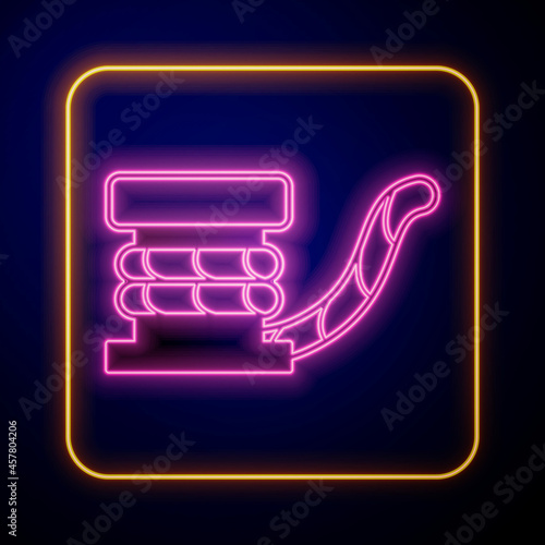 Glowing neon Marine bollard with rope tied on pier icon isolated on black background. Vector