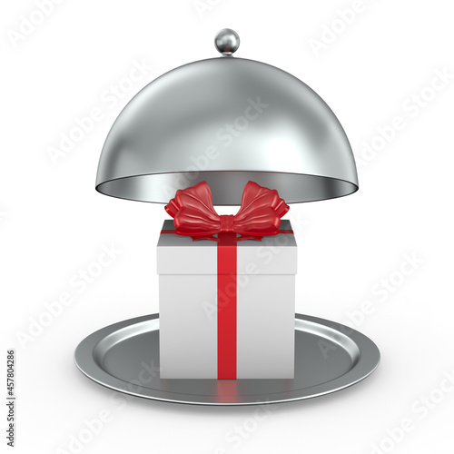 open metallic cloche and white gift box with red bow on white background. Iso...