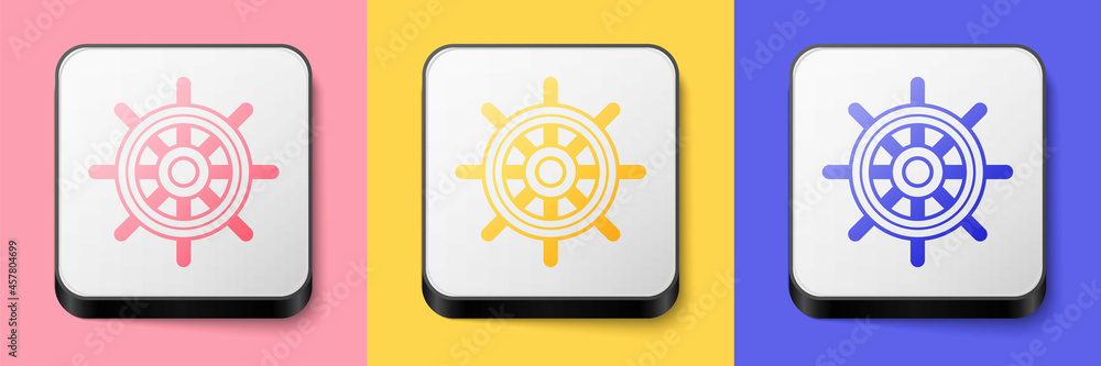 Isometric Ship steering wheel icon isolated on pink, yellow and blue background. Square button. Vector Isometric Ship steering wheel icon isolated on pink, yellow and blue background. Square button. Vector