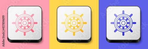 Isometric Ship steering wheel icon isolated on pink, yellow and blue background. Square button. Vector
