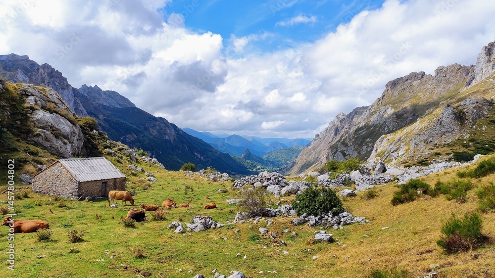 Fototapeta premium Typical huts in Lago del Valle valley, Somiedo Natural Park, Asturias, Spain