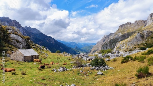 Typical huts in Lago del Valle valley, Somiedo Natural Park, Asturias, Spain