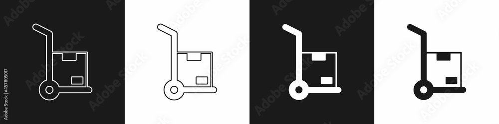 Set Hand truck and boxes icon isolated on black and white background. Dolly symbol. Vector Set Hand truck and boxes icon isolated on black and white background. Dolly symbol. Vector