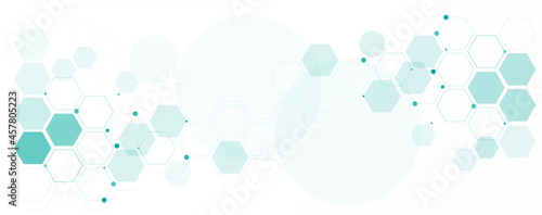 Geometric abstract background with green hexagons. Structure molecule and communication. Science, technology and medical concept. Vector illustration