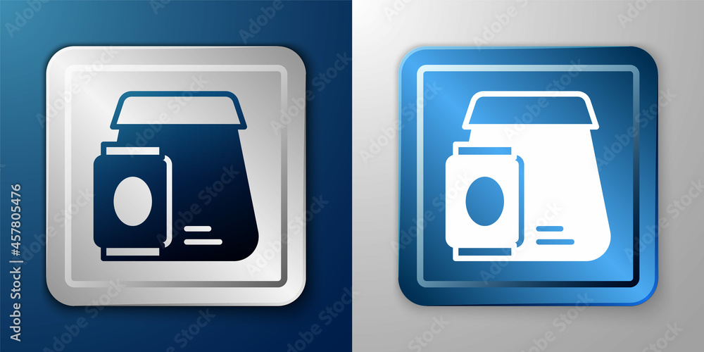 White Online ordering and fast food delivery icon isolated on blue and grey background. Silver and blue square button. Vector White Online ordering and fast food delivery icon isolated on blue and grey background. Silver and blue square button. Vector