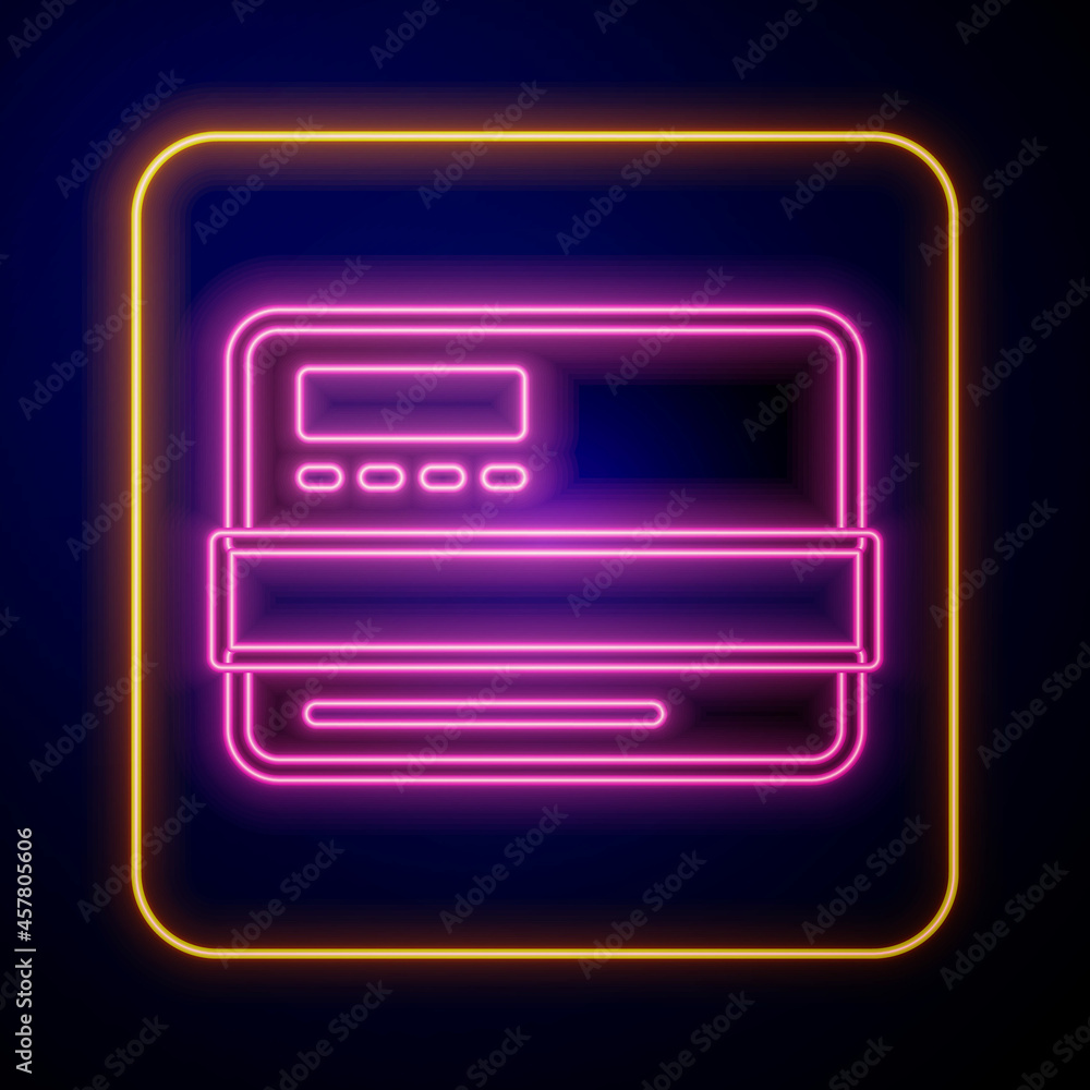 Glowing neon Credit card icon isolated on black background. Online payment. Cash withdrawal. Financial operations. Shopping sign. Vector Glowing neon Credit card icon isolated on black background. Online payment. Cash withdrawal. Financial operations. Shopping sign. Vector