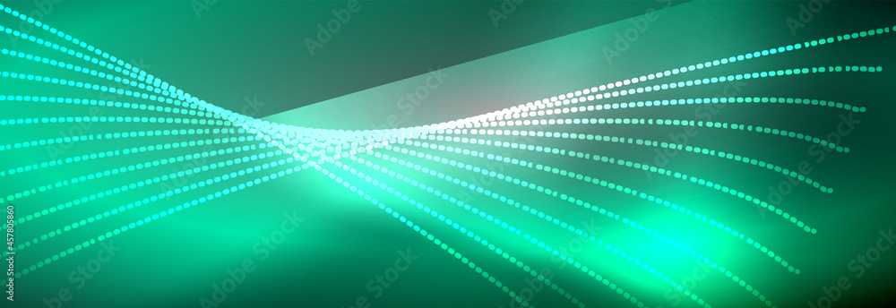 Fototapeta premium Neon shiny color background with light glowing wave line particles. Wallpaper background, design templates for business or technology presentations, internet posters or web brochure covers