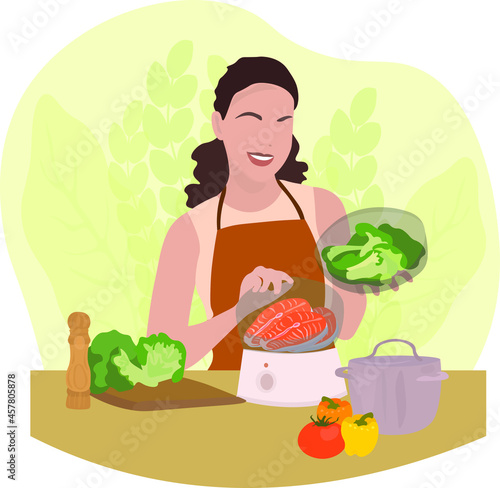 Woman in an apron prepares wholesome healthy food  broccoli  vegetables and fish. Cooking food vector.