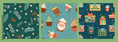 Set of Christmas and Happy New Year seamless patterns with christmas sweets, gift boxes, spruce twigs .