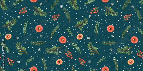 Christmas and Happy New Year seamless pattern. Christmas tree, flowers, berries.