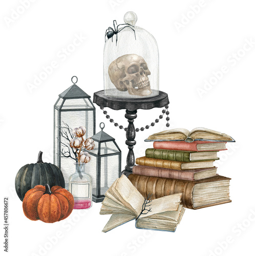 Watercolor halloween decor.Vintage Victorian Halloween,Halloween composition,mystical witchy elements,skull,book stack, pumpkin, lantern, spider 